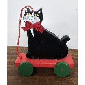Vtg Midwest Wood Black Cat On Red Cart Christmas Ornament Shelf Sitter Pull Toy